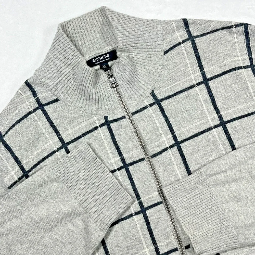 Express Full Zip Sweater Mens XL Grey Cotton Merino Wool Windowpane Mock Neck‎